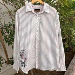 Vintage 2000s Anchor Blue Striped Graphic Dress Shirt XL 23.5x28